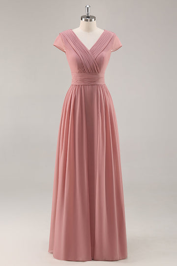 Dusty Rose V-Neck Ruched Chiffon Long Bridesmaid Dress